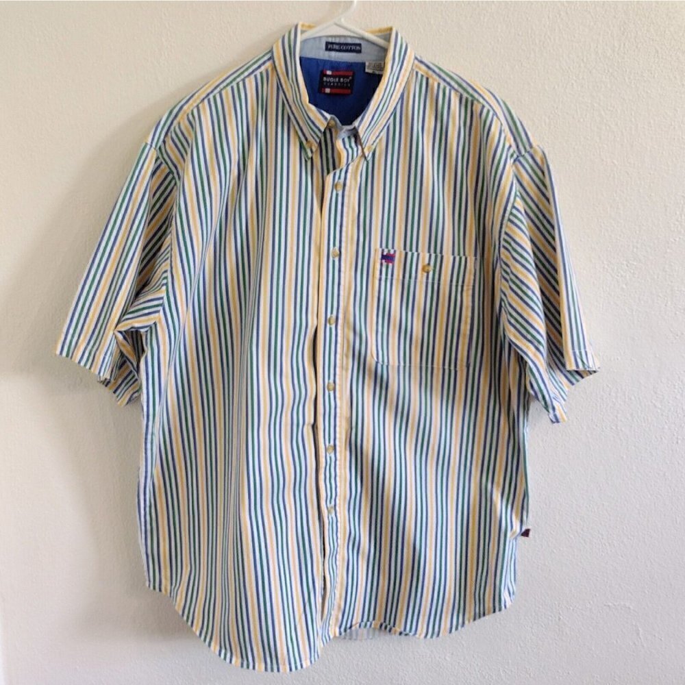 Vintage Bugle Boy 90s Button Down Shirt Mens XL Shirt Sleeve Blue Yellow Stripe
